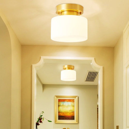 Contemporary Scandinavian Cylinder Round Glass Copper 1-Light Semi-Flush Mount Ceiling Light For Bedroom