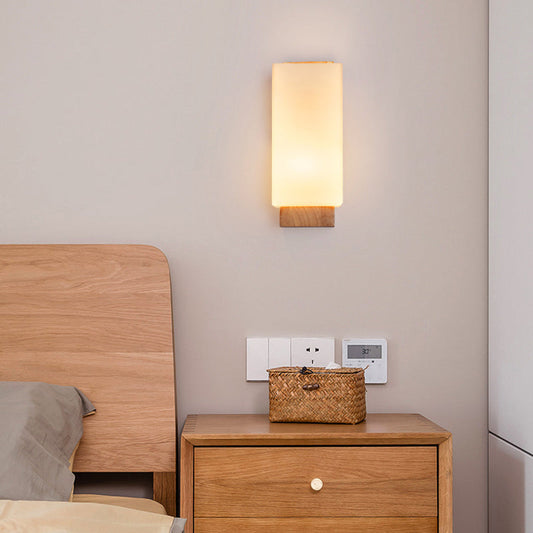 Traditional Japanese Rectangle Glass Wood 1-Light Wall Sconce Lamp For Living Room
