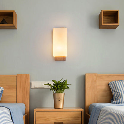 Traditional Japanese Rectangle Glass Wood 1-Light Wall Sconce Lamp For Living Room