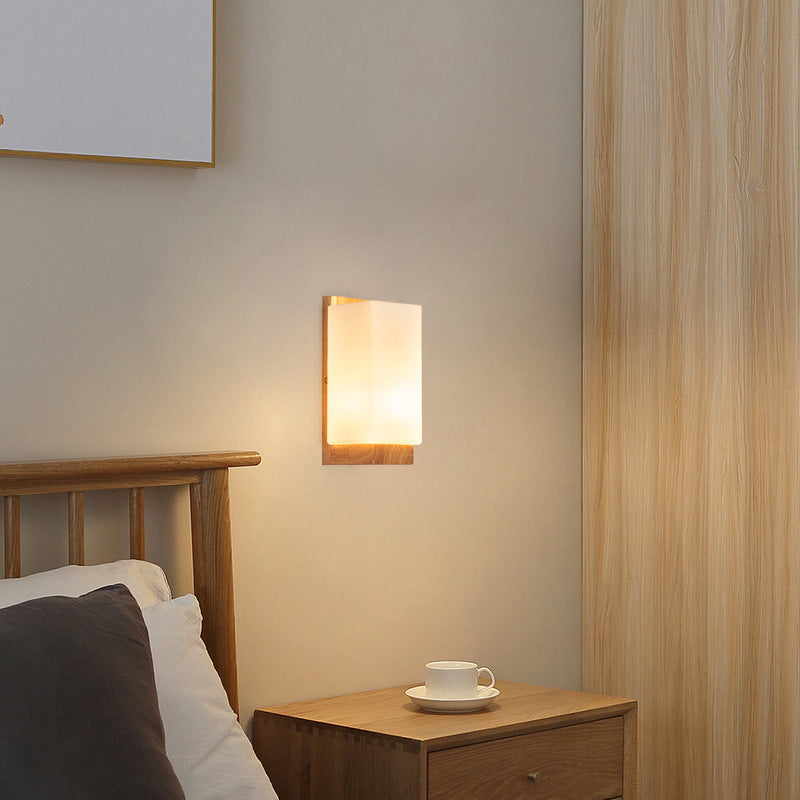 Traditional Japanese Rectangle Glass Wood 1-Light Wall Sconce Lamp For Living Room