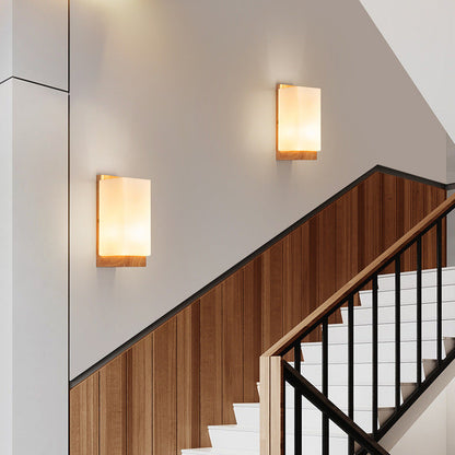 Traditional Japanese Rectangle Glass Wood 1-Light Wall Sconce Lamp For Living Room