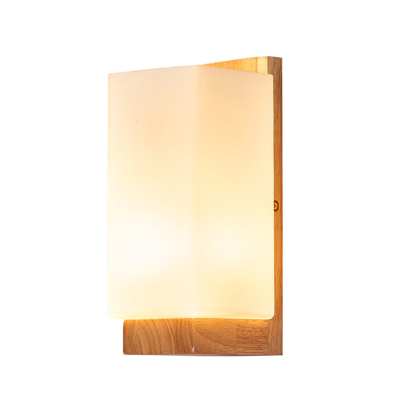 Traditional Japanese Rectangle Glass Wood 1-Light Wall Sconce Lamp For Living Room