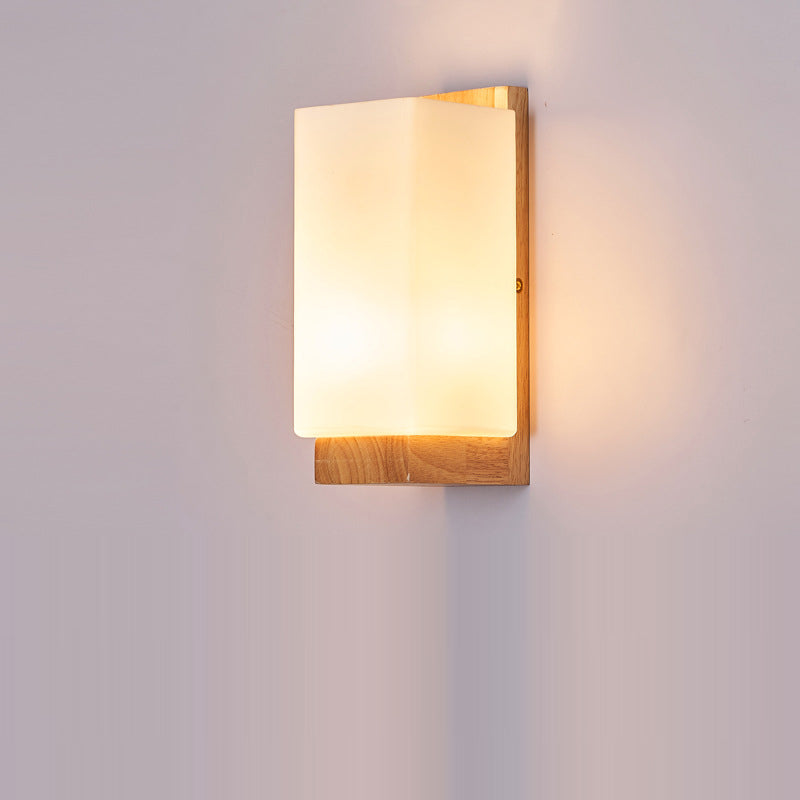 Traditional Japanese Rectangle Glass Wood 1-Light Wall Sconce Lamp For Living Room