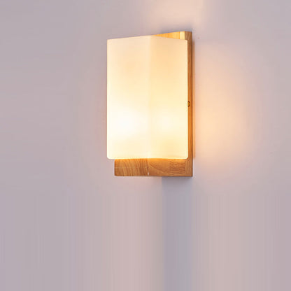 Traditional Japanese Rectangle Glass Wood 1-Light Wall Sconce Lamp For Living Room