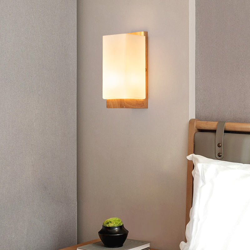 Traditional Japanese Rectangle Glass Wood 1-Light Wall Sconce Lamp For Living Room