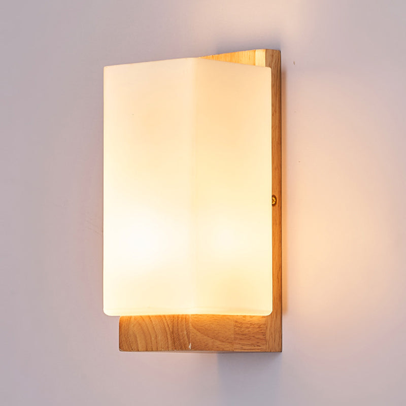 Traditional Japanese Rectangle Glass Wood 1-Light Wall Sconce Lamp For Living Room
