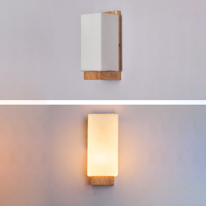 Traditional Japanese Rectangle Glass Wood 1-Light Wall Sconce Lamp For Living Room