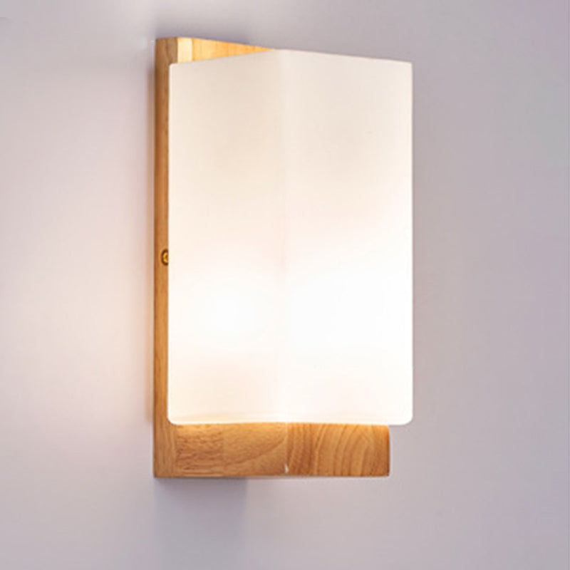Traditional Japanese Rectangle Glass Wood 1-Light Wall Sconce Lamp For Living Room