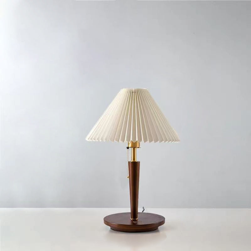 Traditional Vintage Umbrella Pleated Round Fabric Wood Hardware 1-Light Table Lamp For Living Room