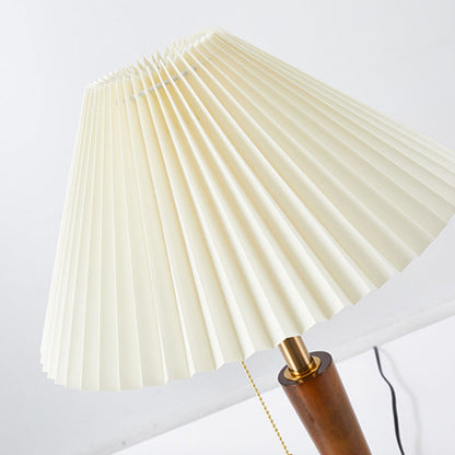 Traditional Vintage Umbrella Pleated Round Fabric Wood Hardware 1-Light Table Lamp For Living Room