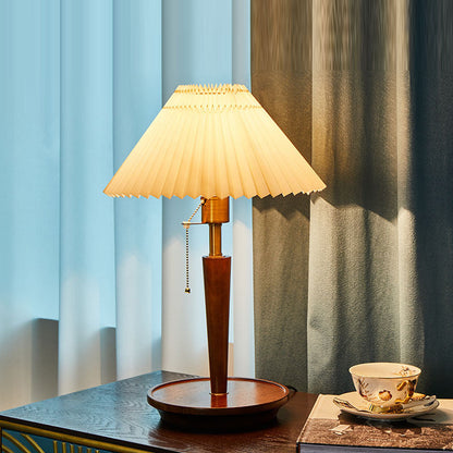 Traditional Vintage Umbrella Pleated Round Fabric Wood Hardware 1-Light Table Lamp For Living Room