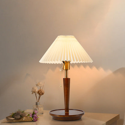 Traditional Vintage Umbrella Pleated Round Fabric Wood Hardware 1-Light Table Lamp For Living Room