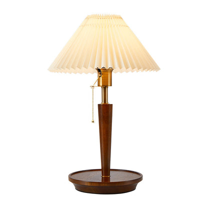 Traditional Vintage Umbrella Pleated Round Fabric Wood Hardware 1-Light Table Lamp For Living Room