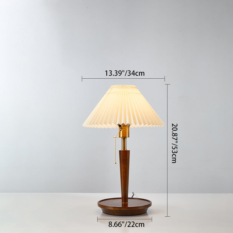 Traditional Vintage Umbrella Pleated Round Fabric Wood Hardware 1-Light Table Lamp For Living Room
