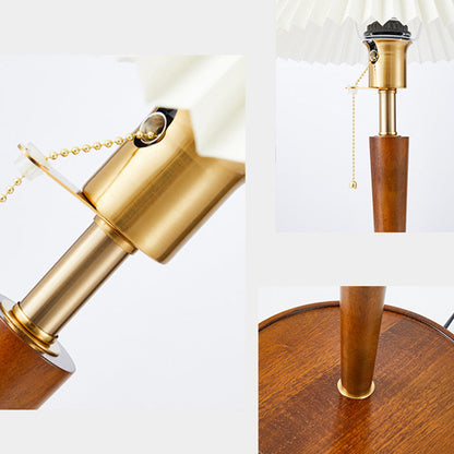 Traditional Vintage Umbrella Pleated Round Fabric Wood Hardware 1-Light Table Lamp For Living Room