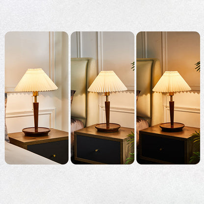 Traditional Vintage Umbrella Pleated Round Fabric Wood Hardware 1-Light Table Lamp For Living Room