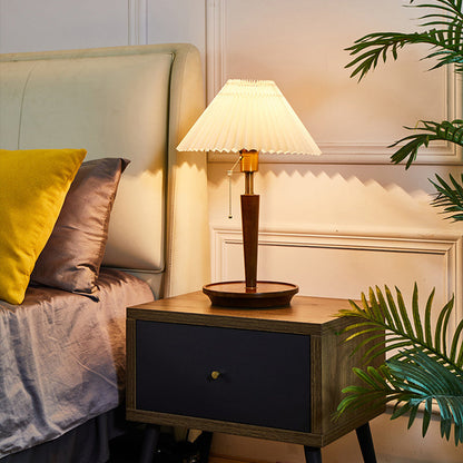 Traditional Vintage Umbrella Pleated Round Fabric Wood Hardware 1-Light Table Lamp For Living Room