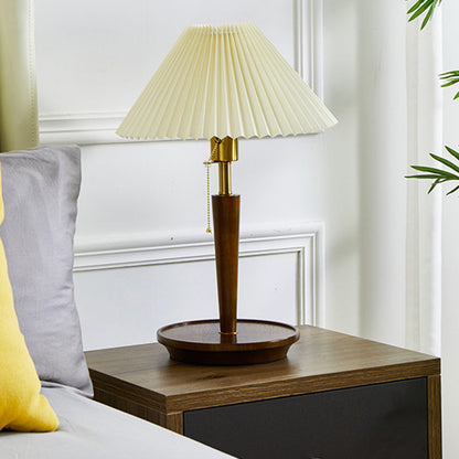Traditional Vintage Umbrella Pleated Round Fabric Wood Hardware 1-Light Table Lamp For Living Room
