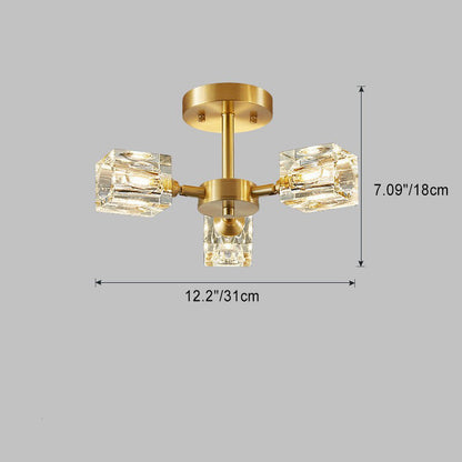 Contemporary Scandinavian Branch Square Round Crystal Brass 3/4/5/6 Light Semi-Flush Mount Ceiling Light For Bedroom