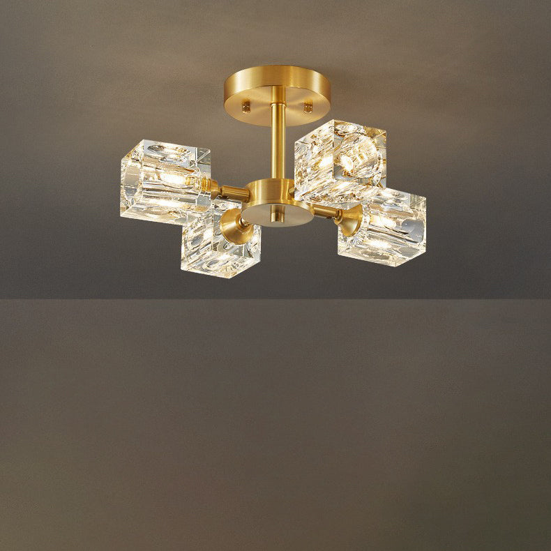 Contemporary Scandinavian Branch Square Round Crystal Brass 3/4/5/6 Light Semi-Flush Mount Ceiling Light For Bedroom