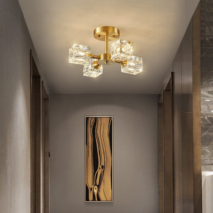 Contemporary Scandinavian Branch Square Round Crystal Brass 3/4/5/6 Light Semi-Flush Mount Ceiling Light For Bedroom