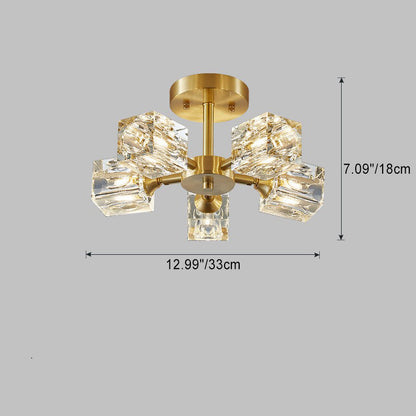 Contemporary Scandinavian Branch Square Round Crystal Brass 3/4/5/6 Light Semi-Flush Mount Ceiling Light For Bedroom