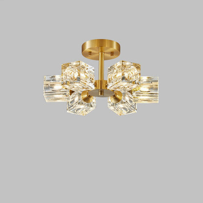 Contemporary Scandinavian Branch Square Round Crystal Brass 3/4/5/6 Light Semi-Flush Mount Ceiling Light For Bedroom