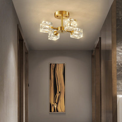 Contemporary Scandinavian Branch Square Round Crystal Brass 3/4/5/6 Light Semi-Flush Mount Ceiling Light For Bedroom