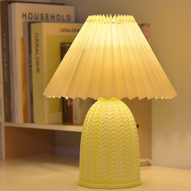 Traditional Vintage Scalloped Cylinder Round Fabric Ceramic LED Table Lamp For Living Room