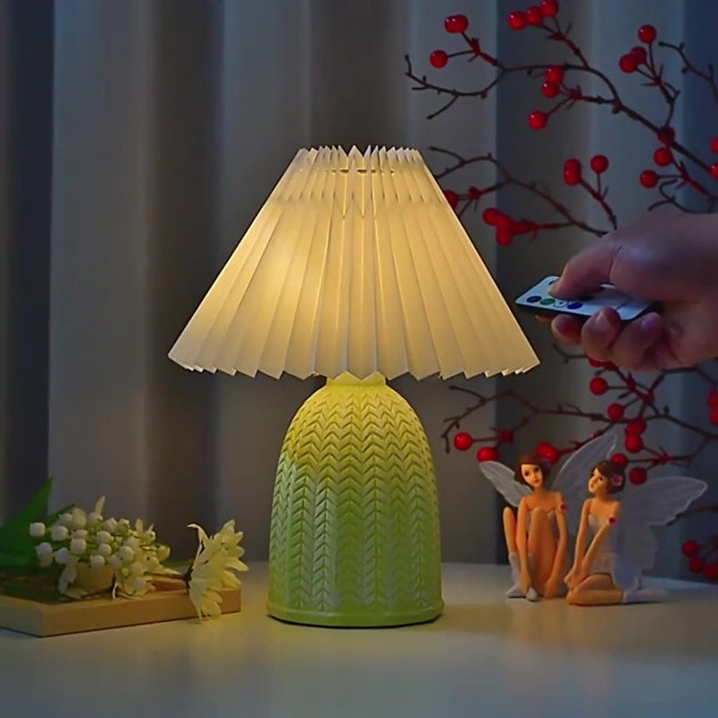 Traditional Vintage Scalloped Cylinder Round Fabric Ceramic LED Table Lamp For Living Room