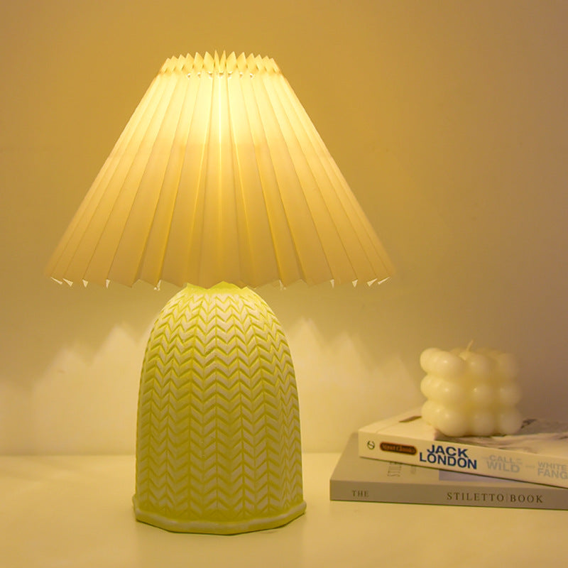 Traditional Vintage Scalloped Cylinder Round Fabric Ceramic LED Table Lamp For Living Room