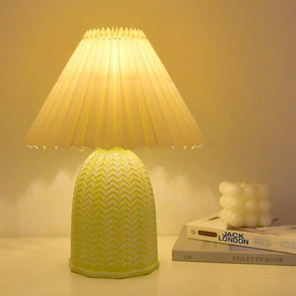 Traditional Vintage Scalloped Cylinder Round Fabric Ceramic LED Table Lamp For Living Room