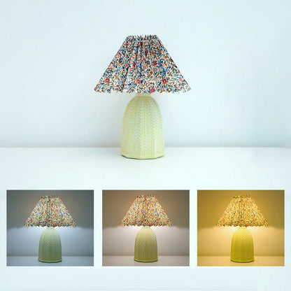 Traditional Vintage Scalloped Cylinder Round Fabric Ceramic LED Table Lamp For Living Room