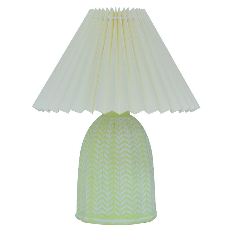 Traditional Vintage Scalloped Cylinder Round Fabric Ceramic LED Table Lamp For Living Room