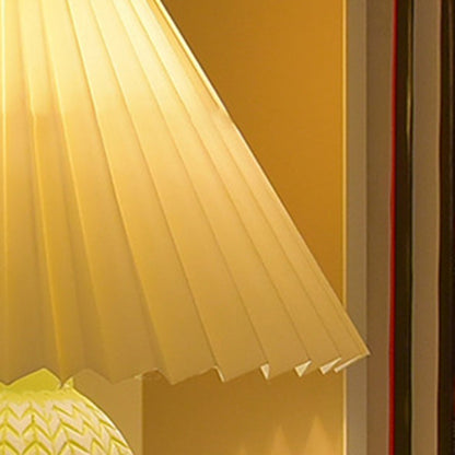 Traditional Vintage Scalloped Cylinder Round Fabric Ceramic LED Table Lamp For Living Room