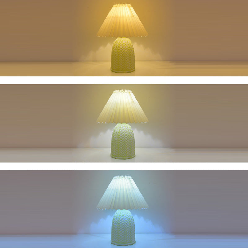 Traditional Vintage Scalloped Cylinder Round Fabric Ceramic LED Table Lamp For Living Room