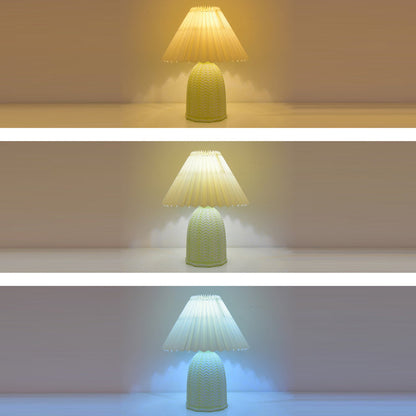Traditional Vintage Scalloped Cylinder Round Fabric Ceramic LED Table Lamp For Living Room