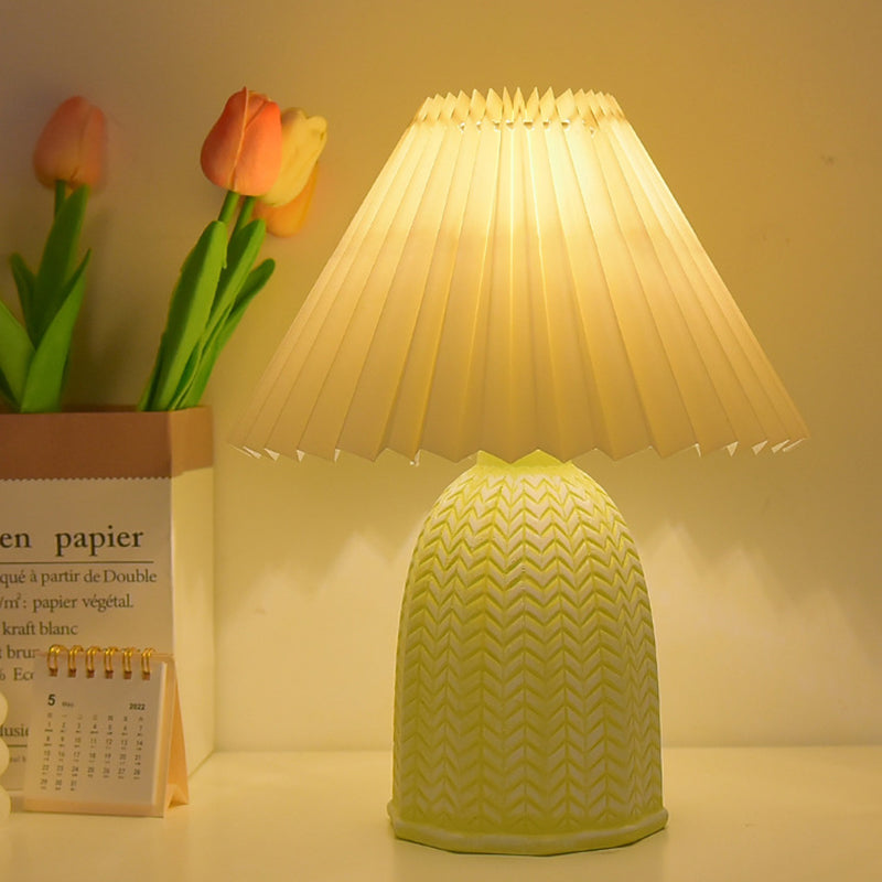 Traditional Vintage Scalloped Cylinder Round Fabric Ceramic LED Table Lamp For Living Room