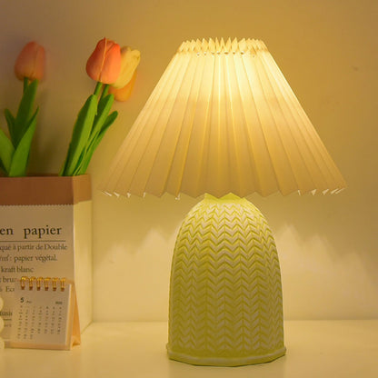 Traditional Vintage Scalloped Cylinder Round Fabric Ceramic LED Table Lamp For Living Room