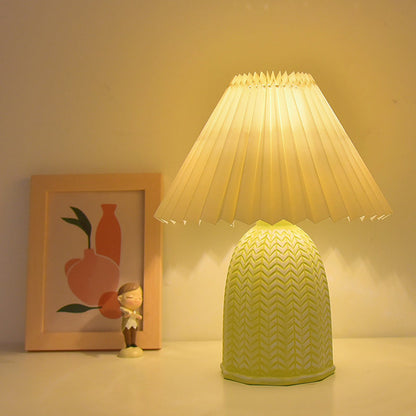 Traditional Vintage Scalloped Cylinder Round Fabric Ceramic LED Table Lamp For Living Room