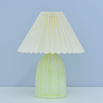 Traditional Vintage Scalloped Cylinder Round Fabric Ceramic LED Table Lamp For Living Room