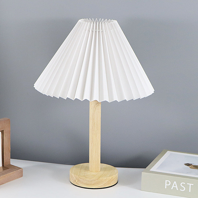 Contemporary Scandinavian Pleated Fan Round Fabric Solid Wood 1-Light Table Lamp For Living Room