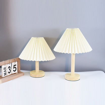 Contemporary Scandinavian Pleated Fan Round Fabric Solid Wood 1-Light Table Lamp For Living Room