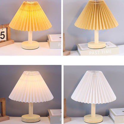 Contemporary Scandinavian Pleated Fan Round Fabric Solid Wood 1-Light Table Lamp For Living Room