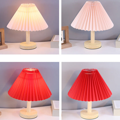 Contemporary Scandinavian Pleated Fan Round Fabric Solid Wood 1-Light Table Lamp For Living Room