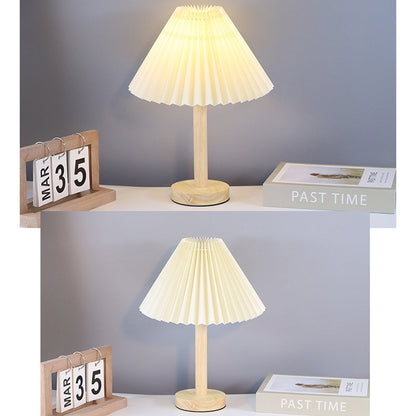 Contemporary Scandinavian Pleated Fan Round Fabric Solid Wood 1-Light Table Lamp For Living Room