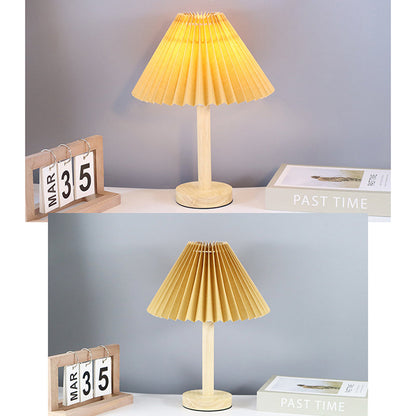 Contemporary Scandinavian Pleated Fan Round Fabric Solid Wood 1-Light Table Lamp For Living Room