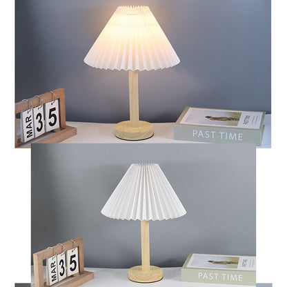 Contemporary Scandinavian Pleated Fan Round Fabric Solid Wood 1-Light Table Lamp For Living Room