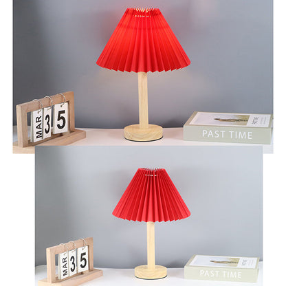 Contemporary Scandinavian Pleated Fan Round Fabric Solid Wood 1-Light Table Lamp For Living Room