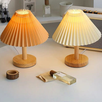 Contemporary Scandinavian Pleated Fan Round Fabric Solid Wood 1-Light Table Lamp For Living Room